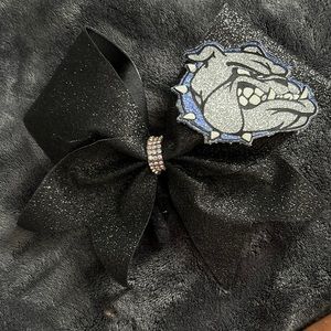 black glitter vinyl cheer bow with bulldog accent